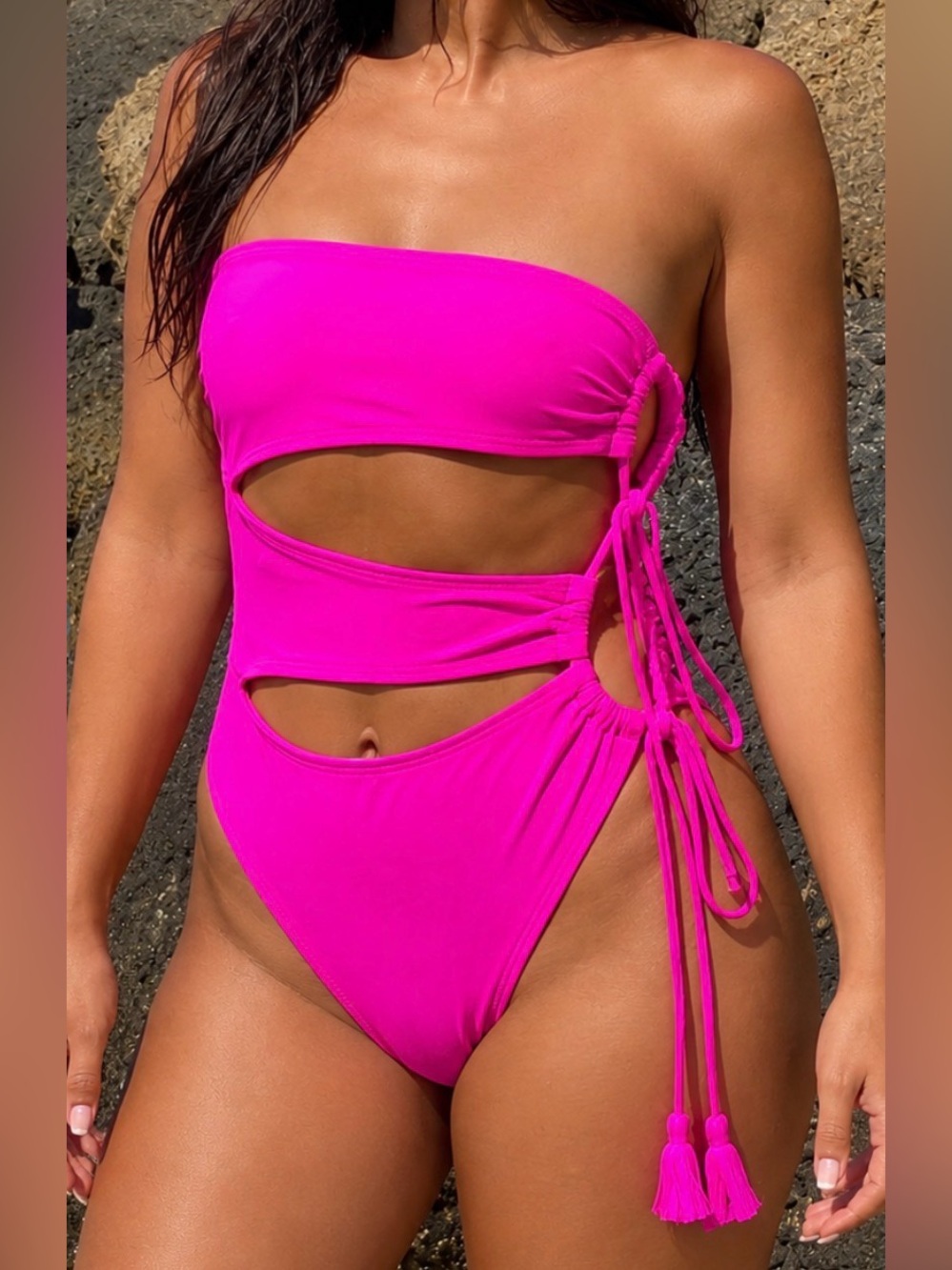 Shade & Shore Neon Pink Cutout Lace-Up One-Piece Swimsuit Brand New - Never Worn